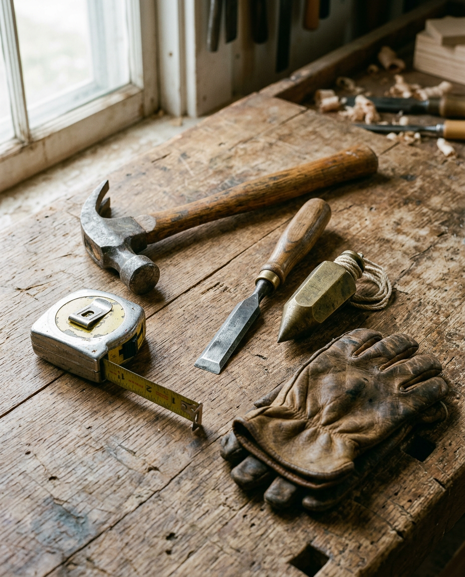 Weathered hand tools of a multigenerational contractor on a rustic wood workbench