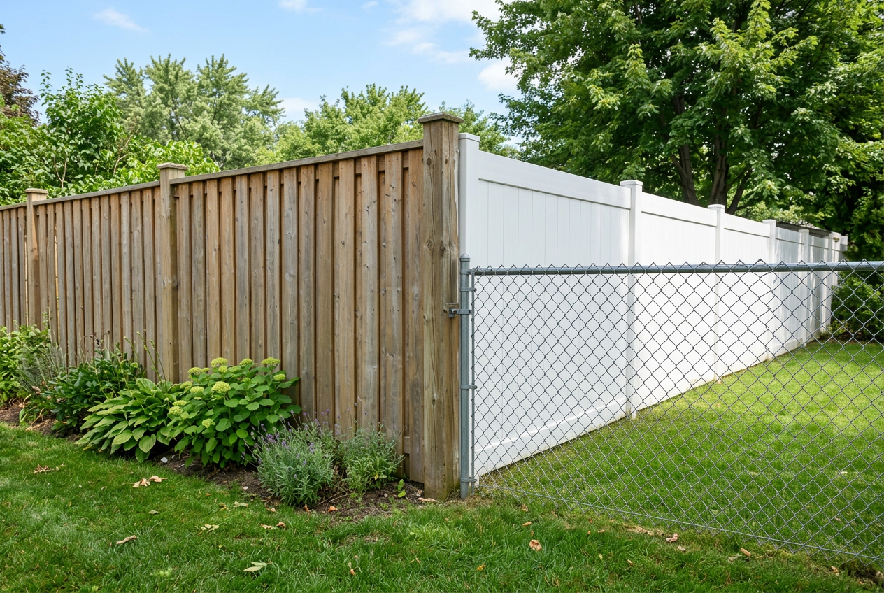 Wood, vinyl, and chain link fences shown together in a yard