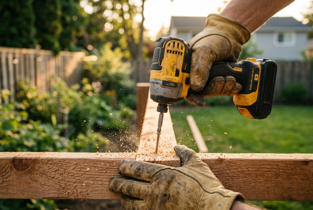 Hands using an impact driver to fasten a screw into lumber