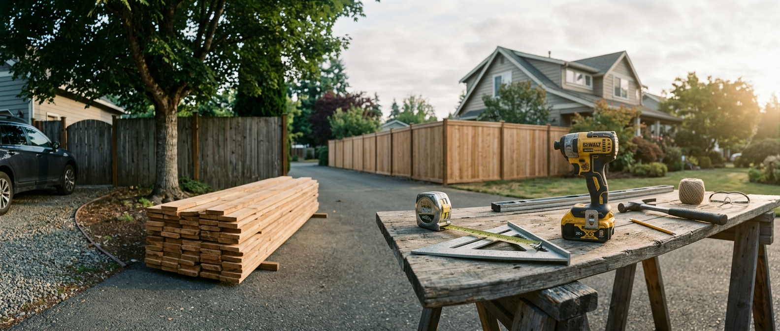 Panoramic residential driveway scene with cedar boards and professional measuring tools in natural directional light