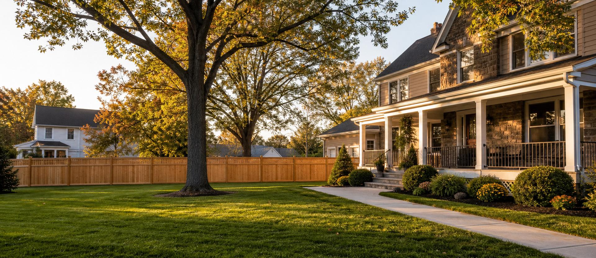 Panoramic residential porch and brick walkway with clipboard and measuring tape in directional light
