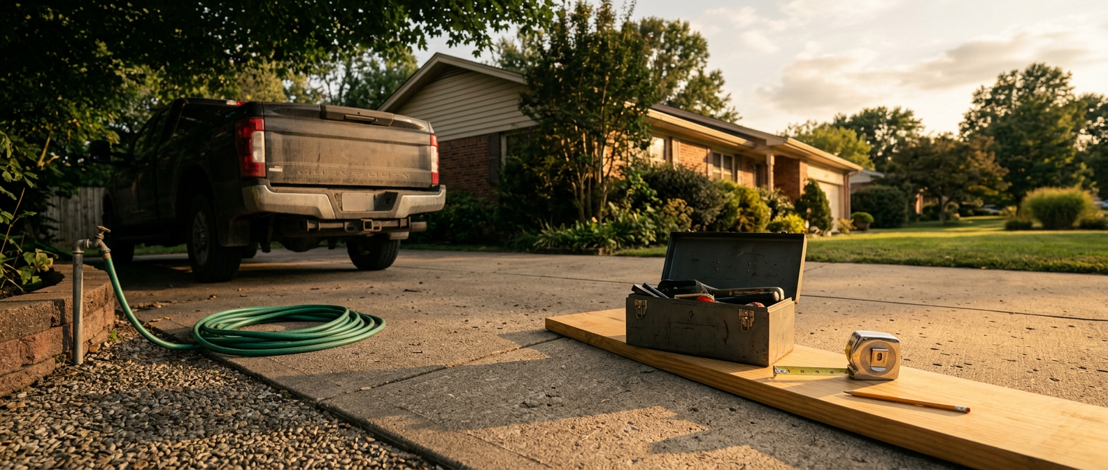 Panoramic residential driveway in warm directional sunlight