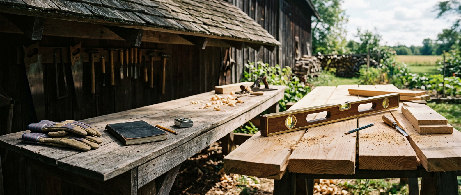 Panoramic outdoor workbench with carpenter level and fresh lumber in natural light