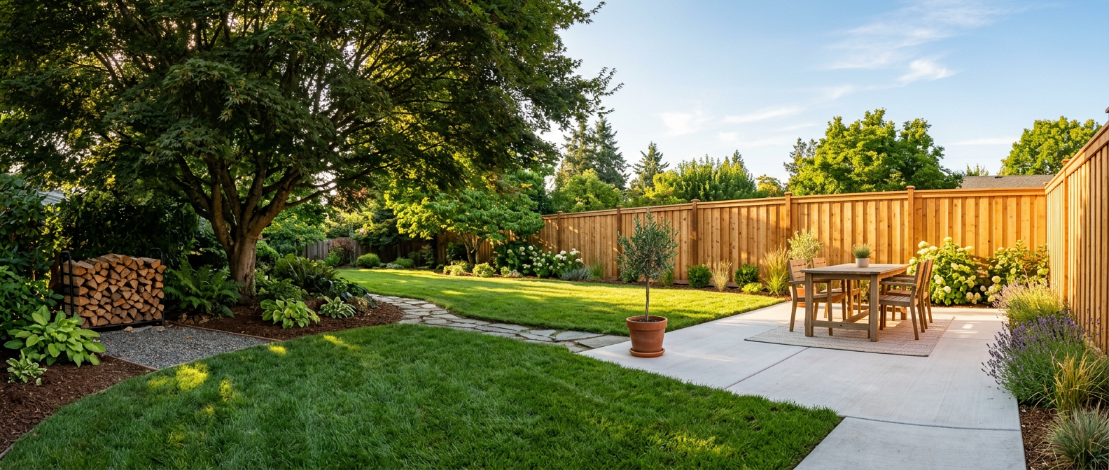 Panoramic finished residential backyard with fence, lawn, and concrete patio in natural afternoon light