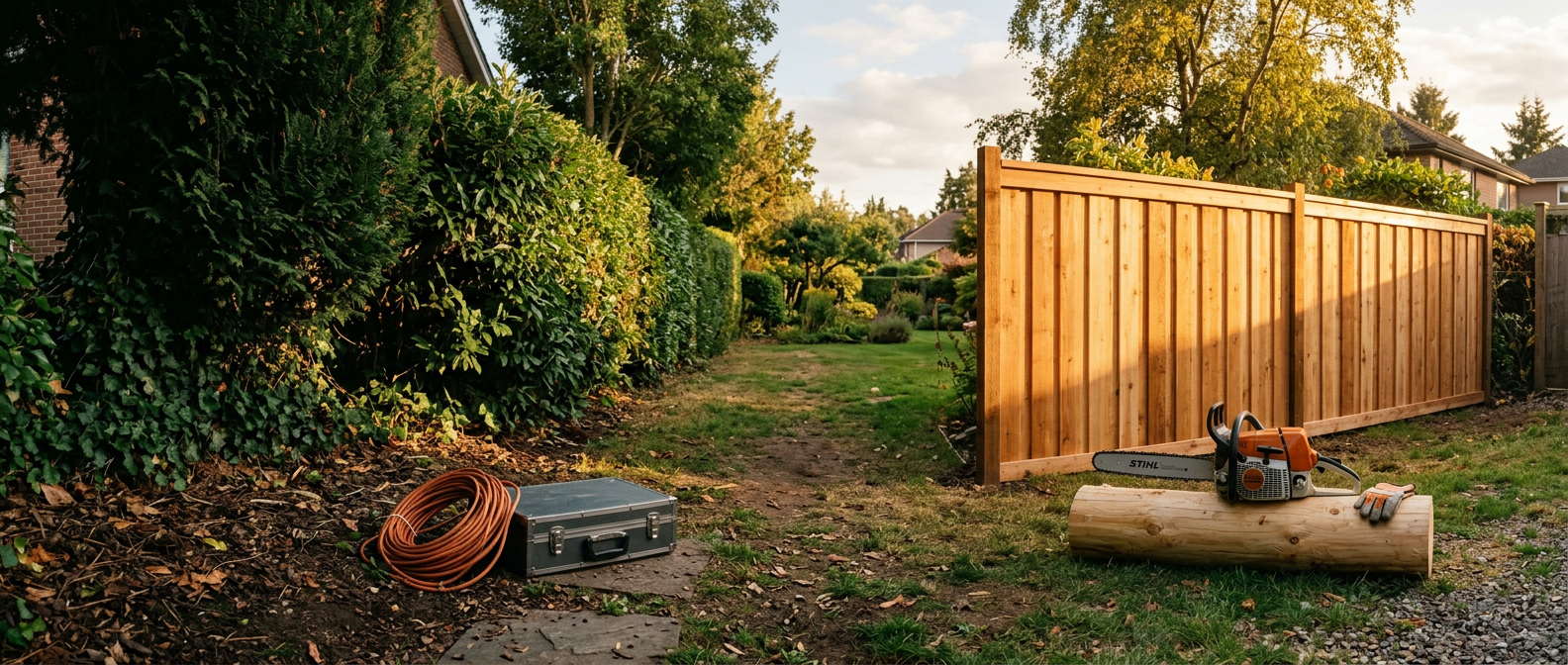 Panoramic residential fence installation scene with natural shadows and bright late-day sunlight