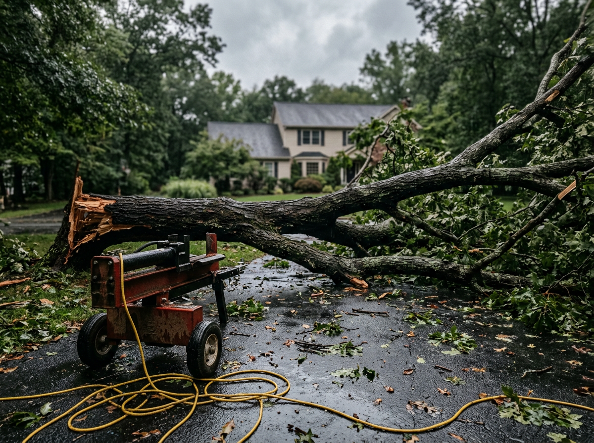 Storm-fallen tree across a residential driveway after a thunderstorm