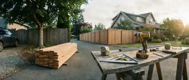 Panoramic residential driveway scene with cedar boards and professional measuring tools in natural directional light