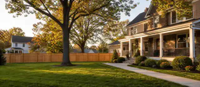 Panoramic residential porch and brick walkway with clipboard and measuring tape in directional light
