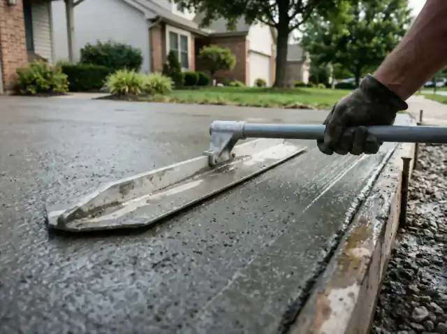 Magnesium bull float smoothing a freshly poured residential concrete driveway